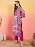 Varanga Fuchsia Striped-Printed Straight-Fit Kurta With A V-Neck And Three-Quarter Sleeves, Paired With Trousers .