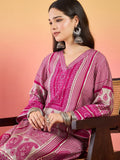 Varanga Fuchsia Striped-Printed Straight-Fit Kurta With A V-Neck And Three-Quarter Sleeves, Paired With Trousers .