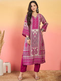 Varanga Fuchsia Striped-Printed Straight-Fit Kurta With A V-Neck And Three-Quarter Sleeves, Paired With Trousers .