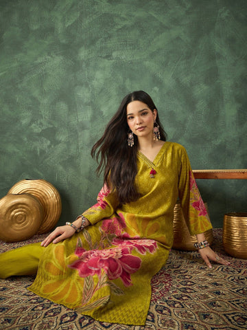 Varanga Mustard Floral-Printed Straight-Fit Kurta With A V-Neck And Three-Quarter Sleeves, Paired Trousers .