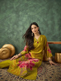Varanga Mustard Floral-Printed Straight-Fit Kurta With A V-Neck And Three-Quarter Sleeves, Paired Trousers .