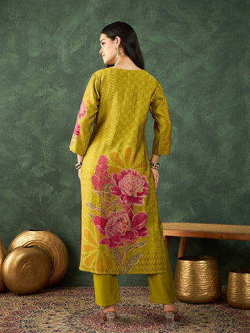 Varanga Mustard Floral-Printed Straight-Fit Kurta With A V-Neck And Three-Quarter Sleeves, Paired Trousers .