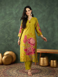 Varanga Mustard Floral-Printed Straight-Fit Kurta With A V-Neck And Three-Quarter Sleeves, Paired Trousers .