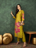 Varanga Mustard Floral-Printed Straight-Fit Kurta With A V-Neck And Three-Quarter Sleeves, Paired Trousers .