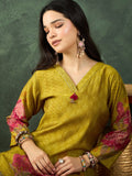 Varanga Mustard Floral-Printed Straight-Fit Kurta With A V-Neck And Three-Quarter Sleeves, Paired Trousers .