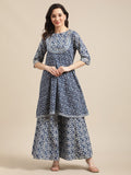 Varanga Women Indigo And White Floral Printed Flared Kurta Sharara Set