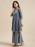 Varanga Women Indigo And White Floral Printed Flared Kurta Sharara Set