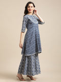 Varanga Women Indigo And White Floral Printed Flared Kurta Sharara Set