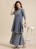 Varanga Women Indigo And White Floral Printed Flared Kurta Sharara Set