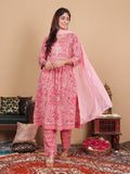 Varanga Women Plus Size Pink Floral Printed Gotta Patti Pure Cotton Kurta with Trousers & Dupatta