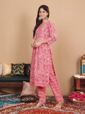 Varanga Women Plus Size Pink Floral Printed Gotta Patti Pure Cotton Kurta with Trousers & Dupatta