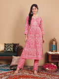 Varanga Women Plus Size Pink Floral Printed Gotta Patti Pure Cotton Kurta with Trousers & Dupatta