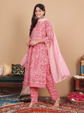 Varanga Women Plus Size Pink Floral Printed Gotta Patti Pure Cotton Kurta with Trousers & Dupatta