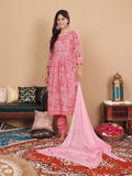 Varanga Women Plus Size Pink Floral Printed Gotta Patti Pure Cotton Kurta with Trousers & Dupatta