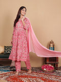 Varanga Women Plus Size Pink Floral Printed Gotta Patti Pure Cotton Kurta with Trousers & Dupatta