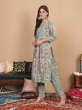 Varanga Women Plus Size Green Floral Printed Gotta Patti Pure Cotton Kurta with Trousers & Dupatta