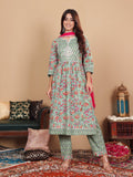 Varanga Women Plus Size Green Floral Printed Gotta Patti Pure Cotton Kurta with Trousers & Dupatta