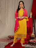 Varanga Yellow Embroidered Straight Kurta Paired With Tonal Bottom And Contrast Dupatta