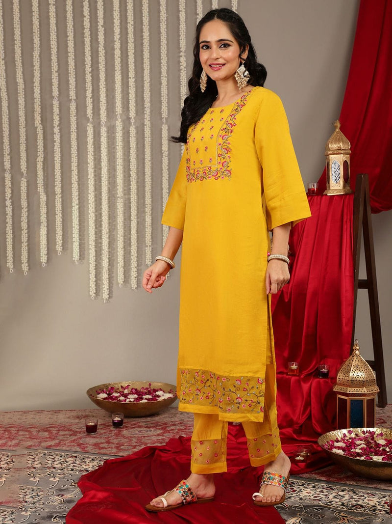 Varanga Yellow Embroidered Straight Kurta Paired With Tonal Bottom And Contrast Dupatta