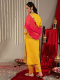 Varanga Yellow Embroidered Straight Kurta Paired With Tonal Bottom And Contrast Dupatta