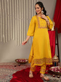 Varanga Yellow Embroidered Straight Kurta Paired With Tonal Bottom And Contrast Dupatta