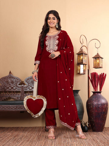 Varanga Women Maroon Ethnic Motifs Embroidered Velvet Kurta with Trousers & With Dupatta