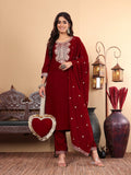 Varanga Women Maroon Ethnic Motifs Embroidered Velvet Kurta with Trousers & With Dupatta