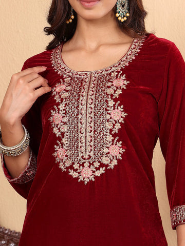 Varanga Women Maroon Ethnic Motifs Embroidered Velvet Kurta with Trousers & With Dupatta