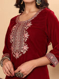 Varanga Women Maroon Ethnic Motifs Embroidered Velvet Kurta with Trousers & With Dupatta