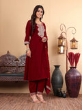 Varanga Women Maroon Ethnic Motifs Embroidered Velvet Kurta with Trousers & With Dupatta