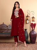 Varanga Women Maroon Ethnic Motifs Embroidered Velvet Kurta with Trousers & With Dupatta