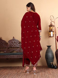 Varanga Women Maroon Ethnic Motifs Embroidered Velvet Kurta with Trousers & With Dupatta