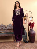 varanga women burgundy ethnic motifs embroidered velvet kurta with trousers with dupatta