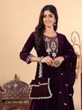 varanga women burgundy ethnic motifs embroidered velvet kurta with trousers with dupatta