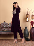 varanga women burgundy ethnic motifs embroidered velvet kurta with trousers with dupatta