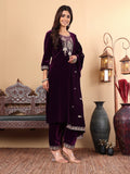 varanga women burgundy ethnic motifs embroidered velvet kurta with trousers with dupatta