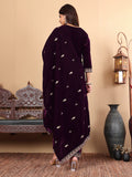 varanga women burgundy ethnic motifs embroidered velvet kurta with trousers with dupatta