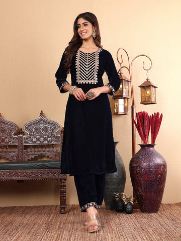 Varanga Navy Blue Velvet Embroidered Kurta Paired With Embroidered Trouser And Dupatta