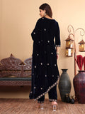 Varanga Navy Blue Velvet Embroidered Kurta Paired With Embroidered Trouser And Dupatta