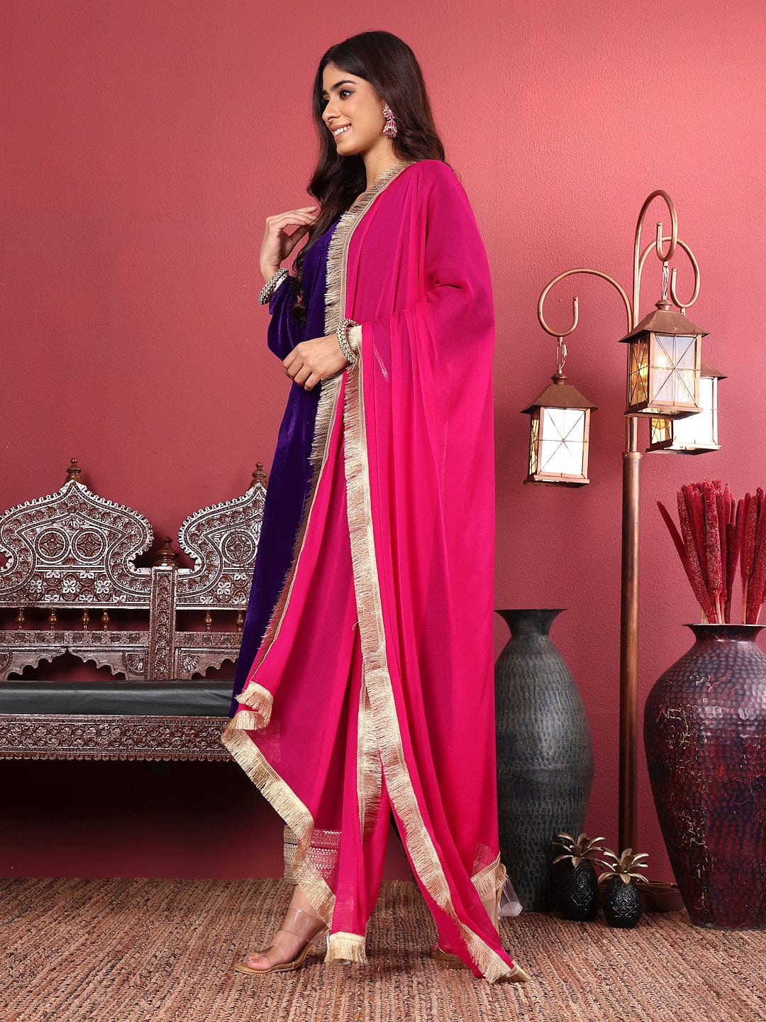 Varanga Women Purple Velvet Kurta with Flared Sleeves Paired with Tona