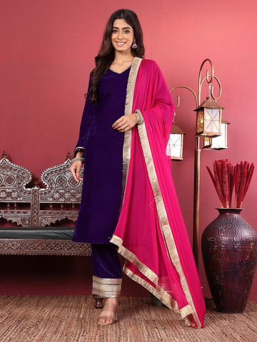 Varanga Women Purple Velvet Kurta with Flared Sleeves Paired with Tonal Bottom and Contrast Dupatta with Four Sided Fringes