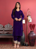 Varanga Women Purple Velvet Kurta with Flared Sleeves Paired with Tonal Bottom and Contrast Dupatta with Four Sided Fringes