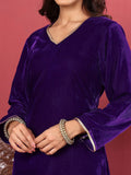 Varanga Women Purple Velvet Kurta with Flared Sleeves Paired with Tonal Bottom and Contrast Dupatta with Four Sided Fringes