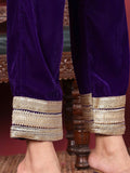 Varanga Women Purple Velvet Kurta with Flared Sleeves Paired with Tonal Bottom and Contrast Dupatta with Four Sided Fringes