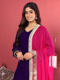 Varanga Women Purple Velvet Kurta with Flared Sleeves Paired with Tonal Bottom and Contrast Dupatta with Four Sided Fringes