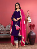 Varanga Women Purple Velvet Kurta with Flared Sleeves Paired with Tonal Bottom and Contrast Dupatta with Four Sided Fringes