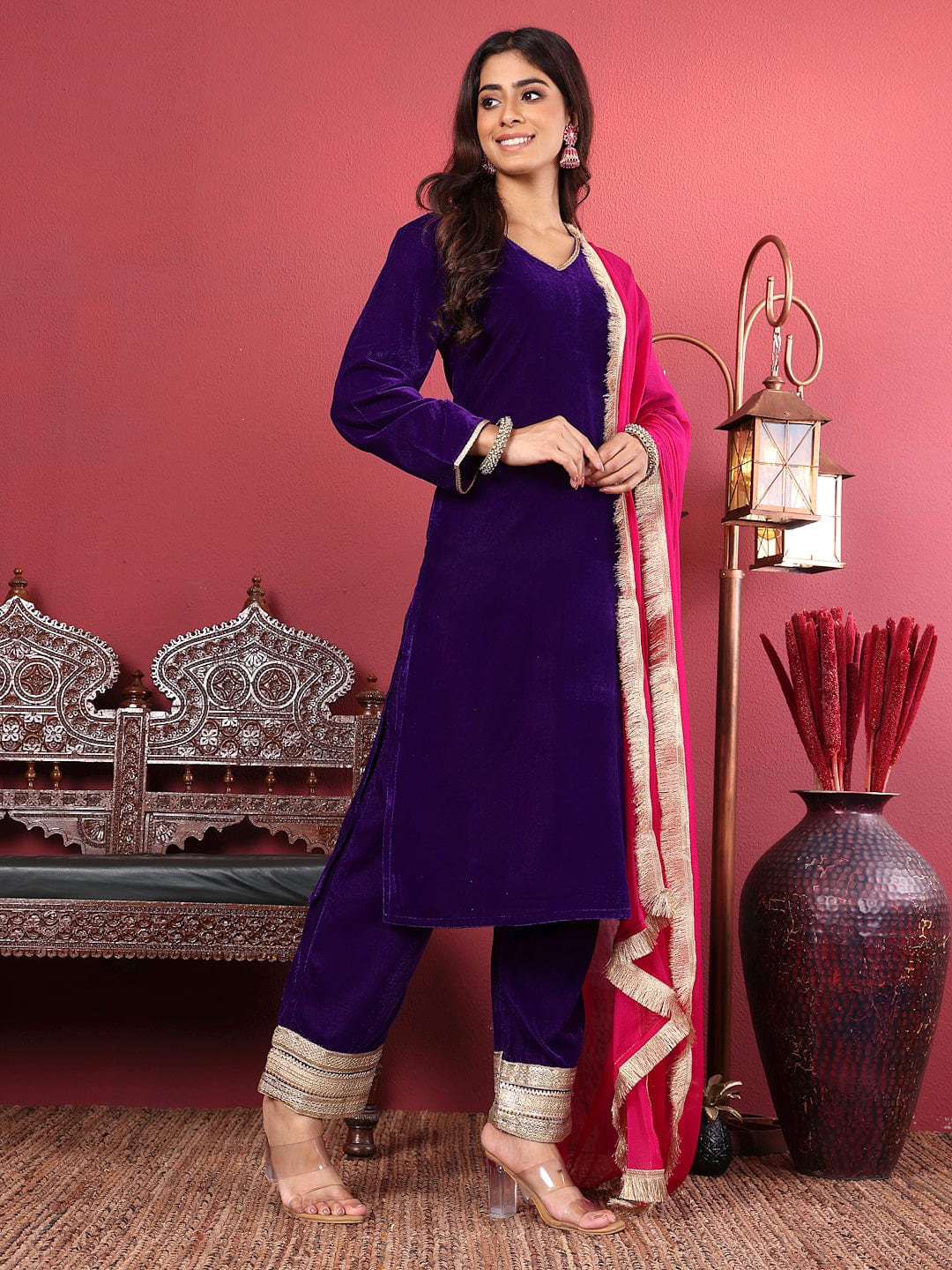 Varanga Women Purple Velvet Kurta with Flared Sleeves Paired with Tona