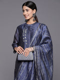 Varanga Women Navy Blue Bandhani Printed Straight Kurta With Three Quarter Sleeves Paired With Tonal Bottom And Printed Dupatta