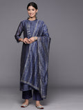 Varanga Women Navy Blue Bandhani Printed Straight Kurta With Three Quarter Sleeves Paired With Tonal Bottom And Printed Dupatta