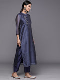 Varanga Women Navy Blue Bandhani Printed Straight Kurta With Three Quarter Sleeves Paired With Tonal Bottom And Printed Dupatta